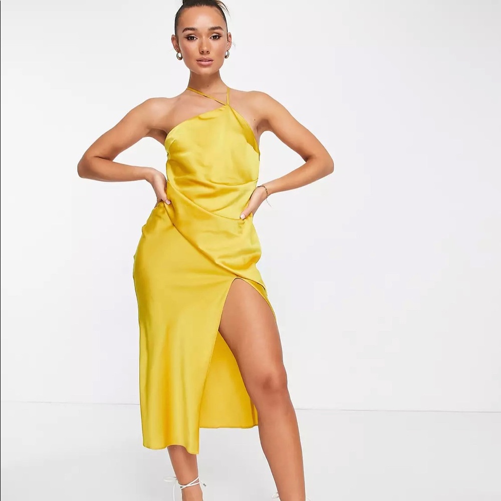 ASOS DESIGN One Shoulder Satin Midi Dress w/ Drape Bodice Detail